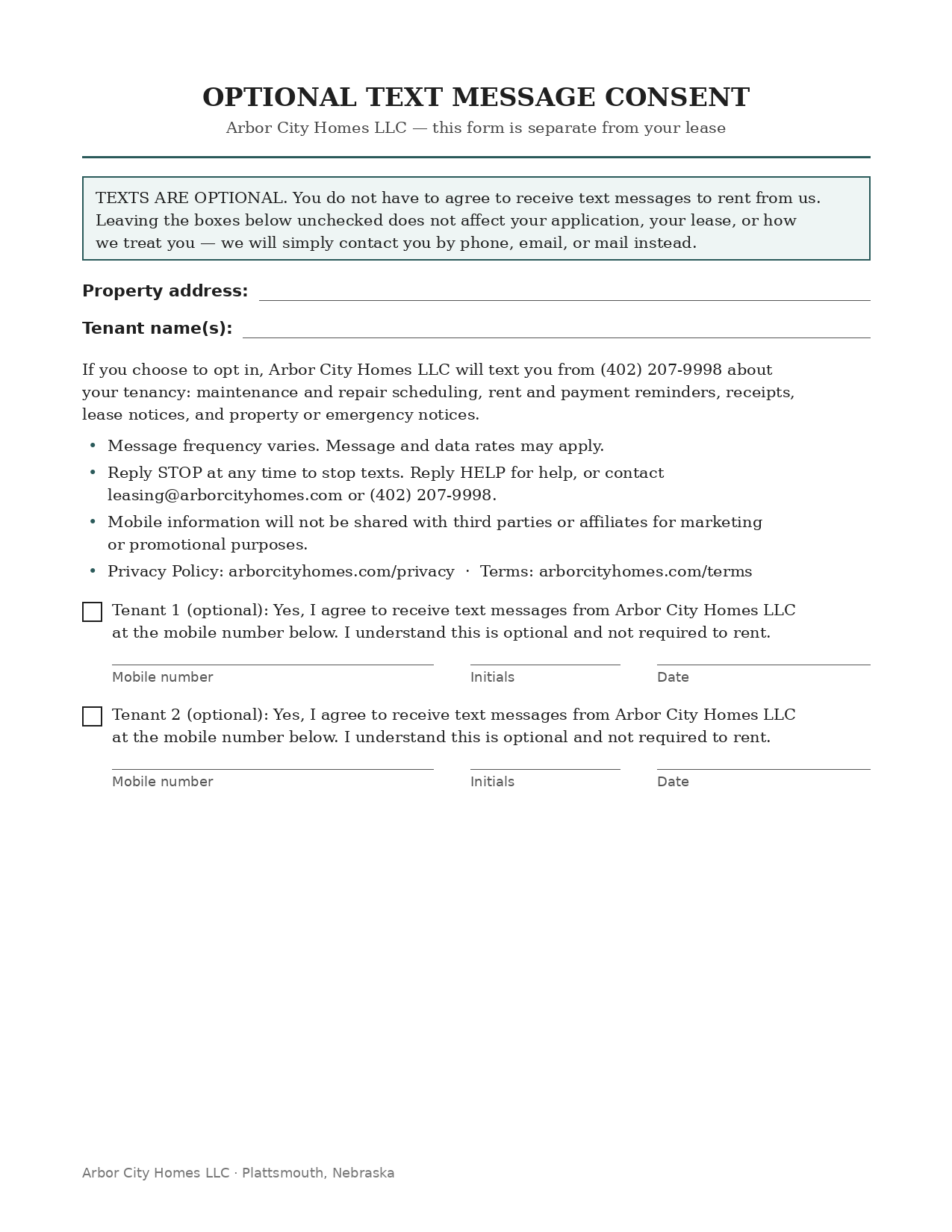 Optional Text Message Consent form: unchecked opt-in boxes for each tenant with mobile number, initials and date, stating texts are optional and not required to rent